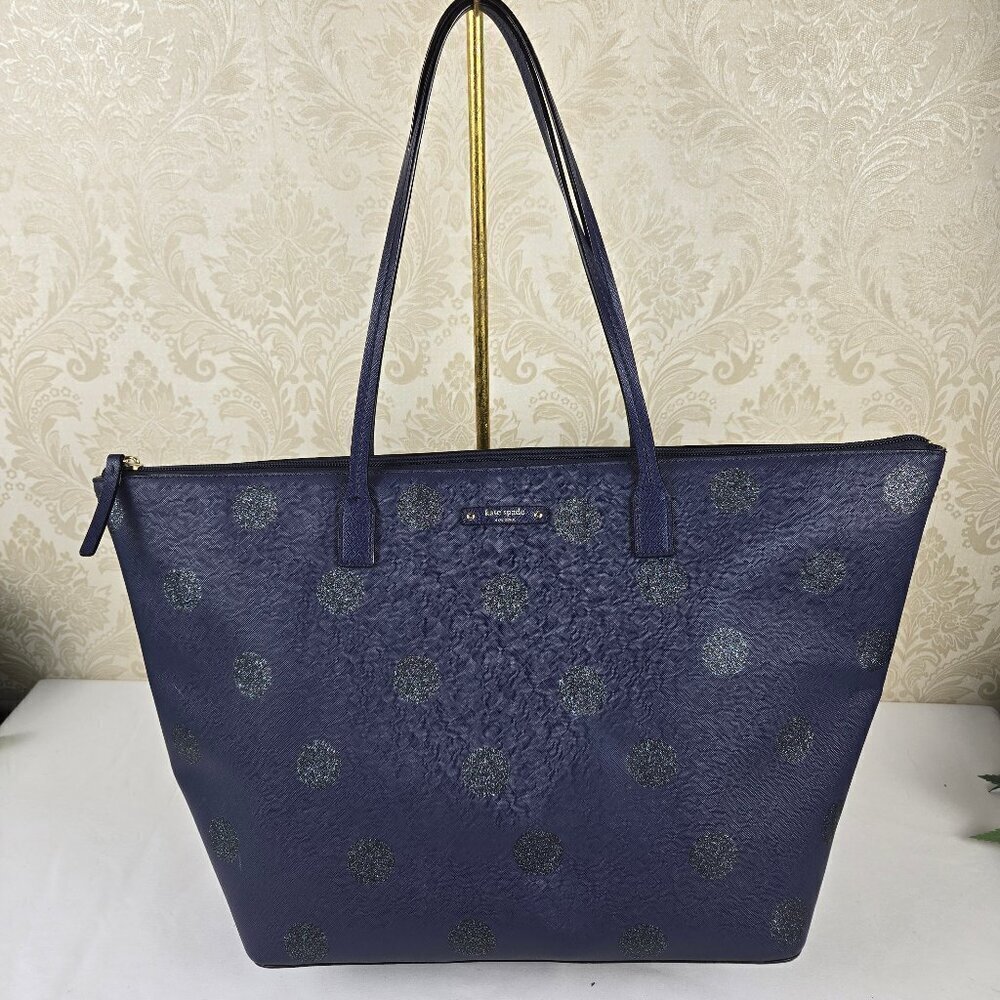 Kate Spade Large Navy Blue Glitter Polka Dot Tote Bag Double Handles Zip Top